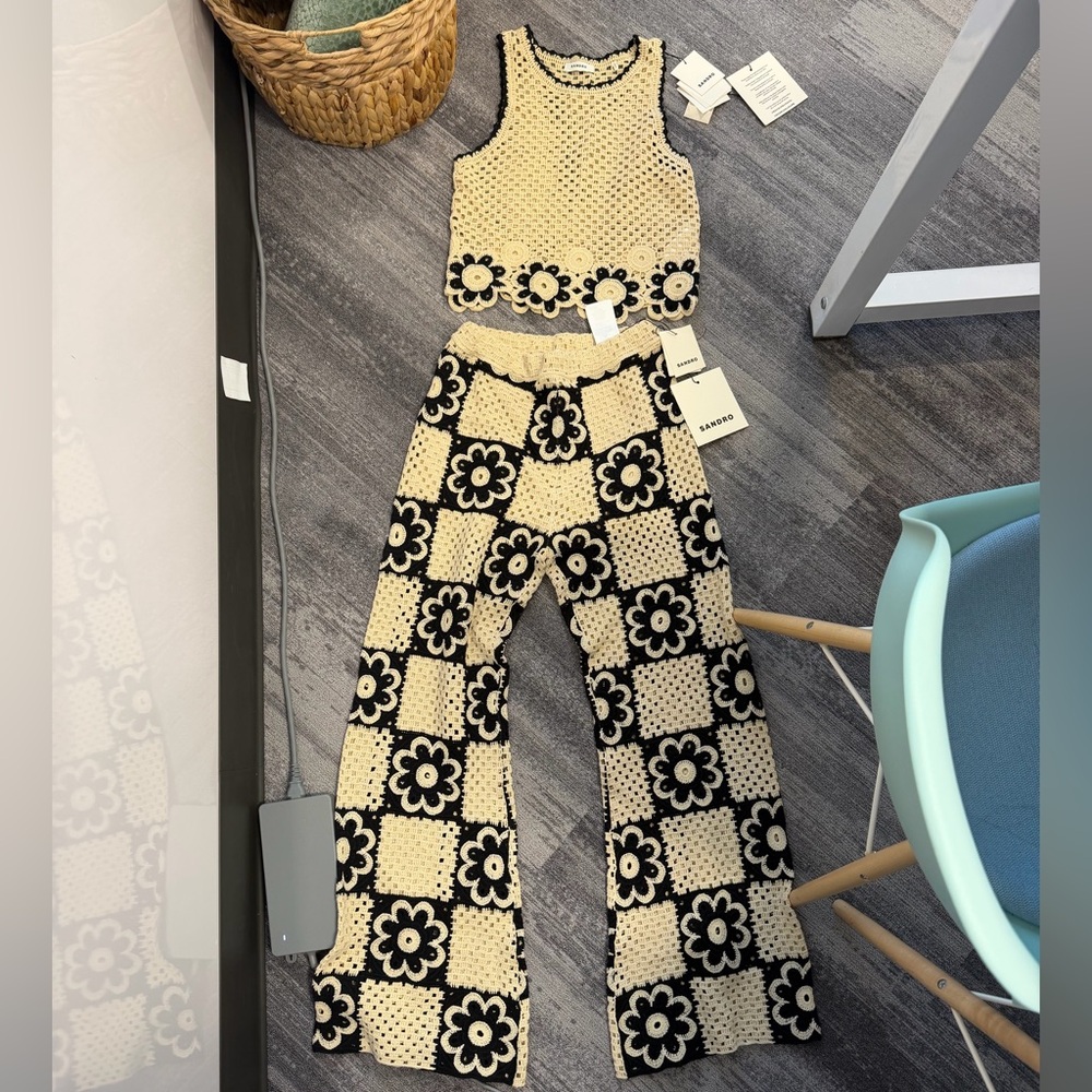 Floral Crochet Knit Set - Black and Cream